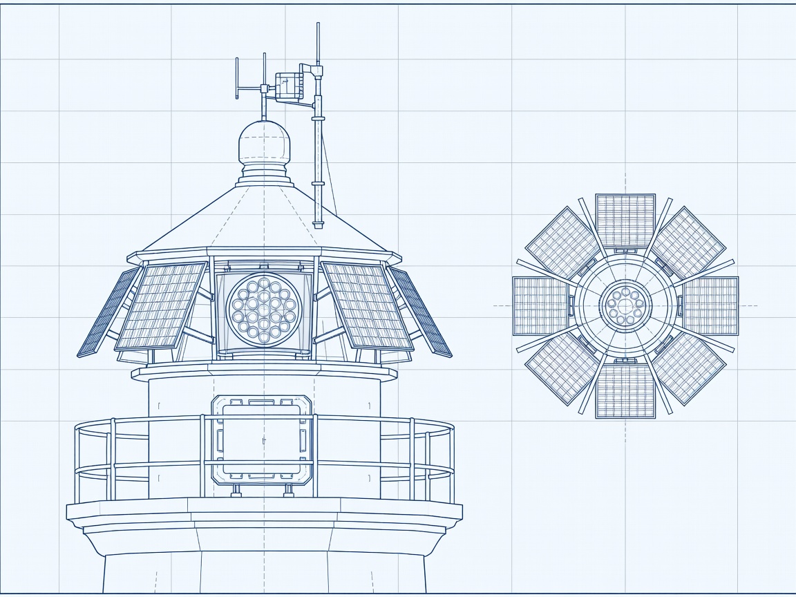 Blueprint drawing of an automated lighthouse lantern with a compact lamp array, solar panels on the gallery rail, battery cabinet, aerial mast and telemetry box