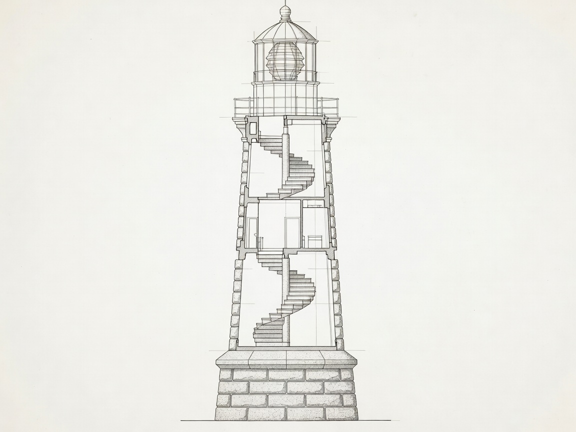 Drafting-style cross-section of a granite lighthouse tower showing stacked stone courses, a solid base, spiral stair, service room and glazed lantern with a stepped lens