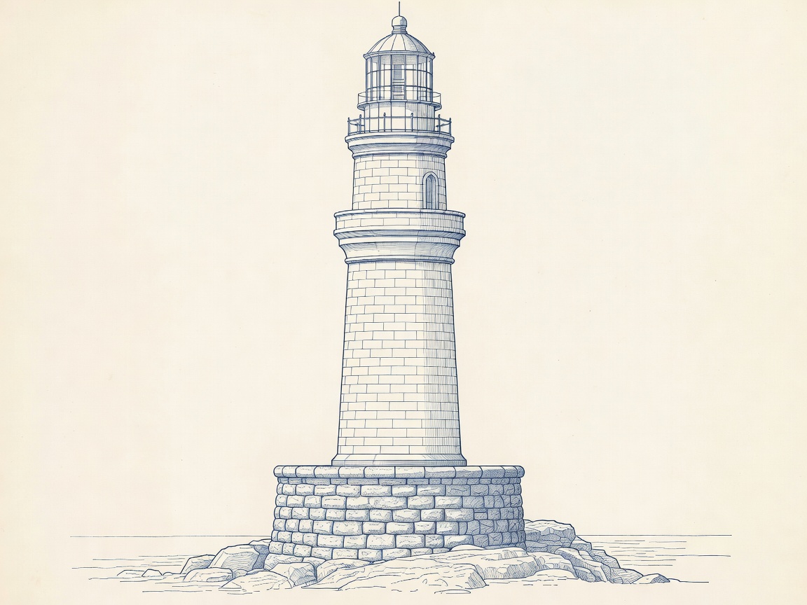 Blueprint elevation of a wave-swept granite lighthouse on a reef, showing the solid base course, curved shaft, set-off ledge, high entrance door and gallery beneath the lantern
