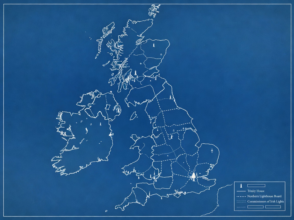 Schematic blueprint chart of Britain and Ireland divided into three lighthouse authority areas, with hairline coastlines, small labelled markers for major stations and a key of line styles